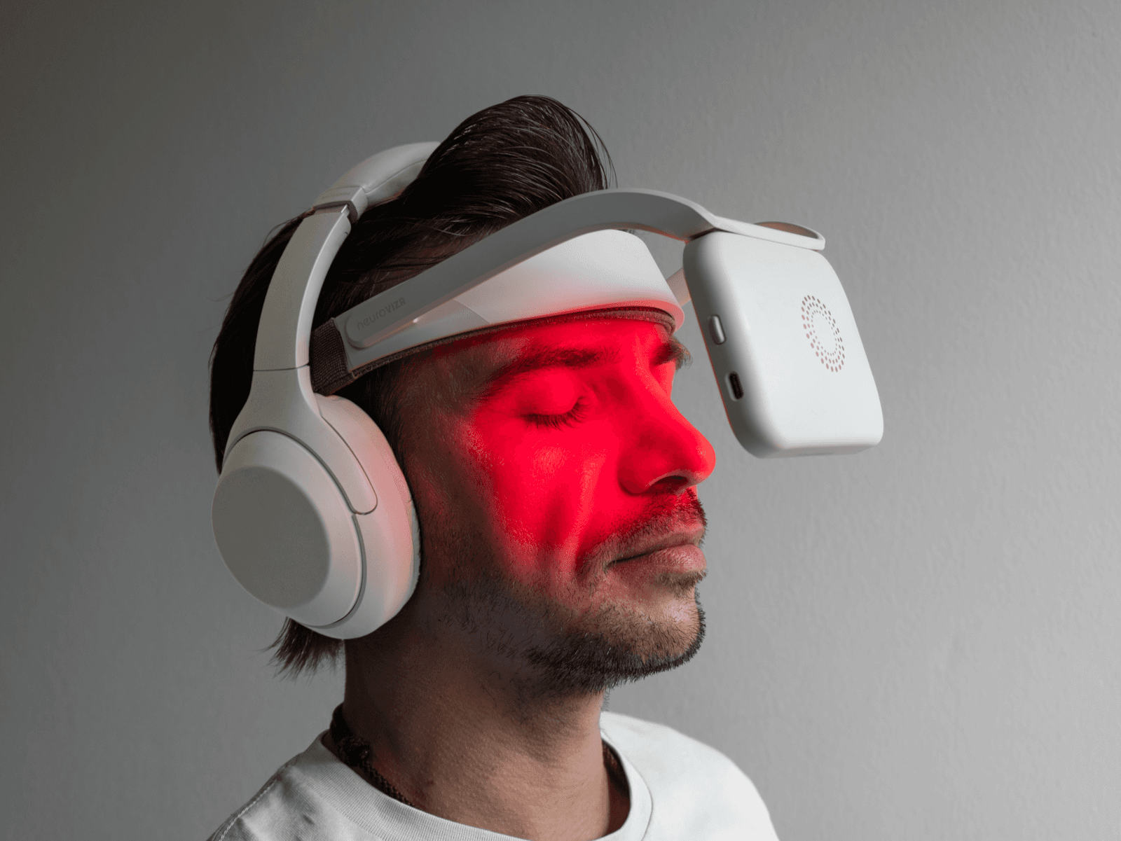The NeuroVIZR light and sound headset, studio product photograph.